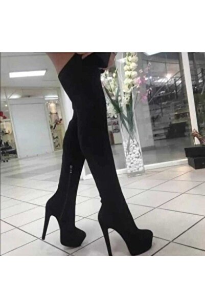 Tarz Kadın Siyah Likralı Süet 16 cm Topuklu Çizme