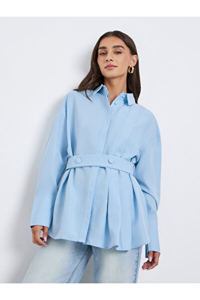 Styli Blue Longline Belted Shirt