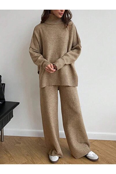 ARMİSSA Tri̇ko Pantolan Takim Oversized High-Neck Knitwear Set with Soft Texture, Two-Piece Set, Beige