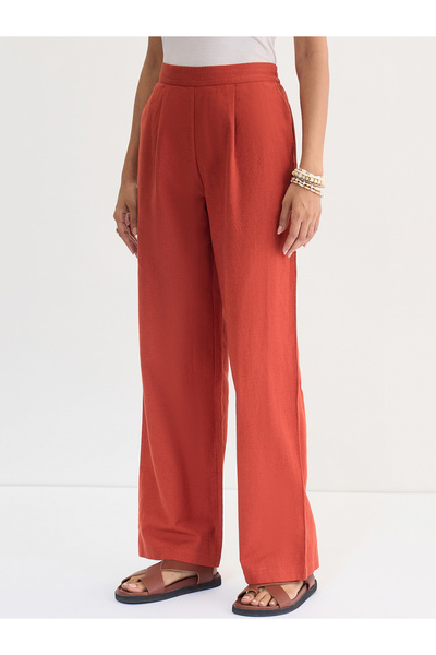 Femmella By Styli Rust Cotton Linen Straight Fit Pants
