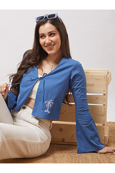 Globus By Styli Women Blue Tie-Up Neck Embroidered Detail Crop Top