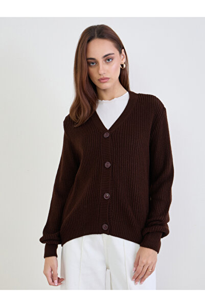 Styli Brown Regular Fit Chunky Knit Cardigan