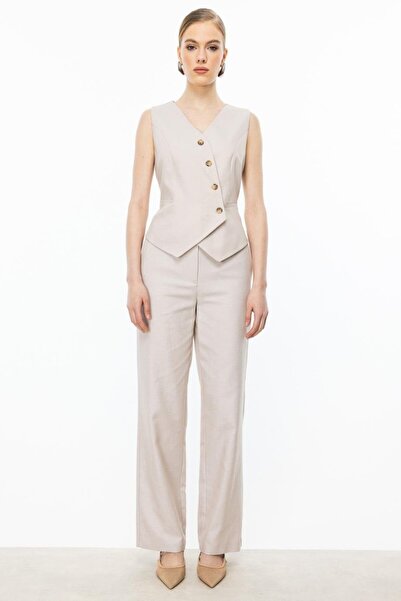 Nazen Giyim Cross Buttoned Sleeveless Beige Women's Vest 4078-2Y5