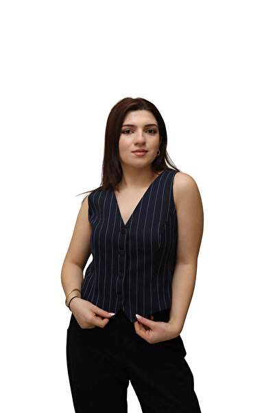 modahira Moda Hira Kadın Çizgili Düğmeli Klasik Lacivert Kumaş Yelek