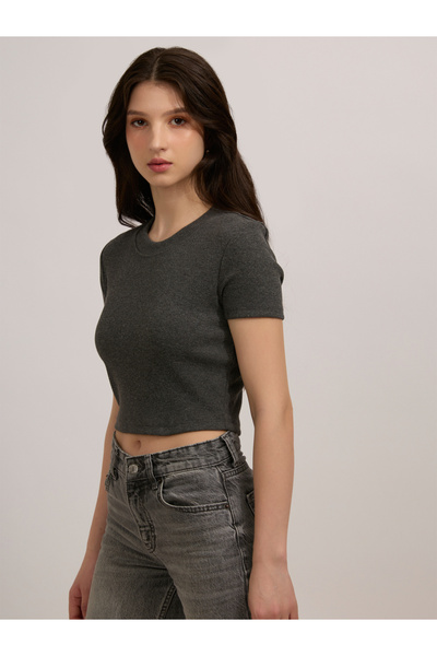 Outzidr By Styli Grey Basic Fitted Ribbed Top