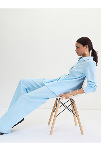 Femmella By Styli Light Blue Cotton Linen Straight Pants