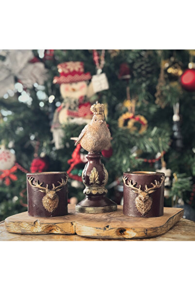 SAMELİA Taçlı Kuş Obje ve Biblo ve El Boyaması 2 Adet Geyikli Tealigt Mumluk