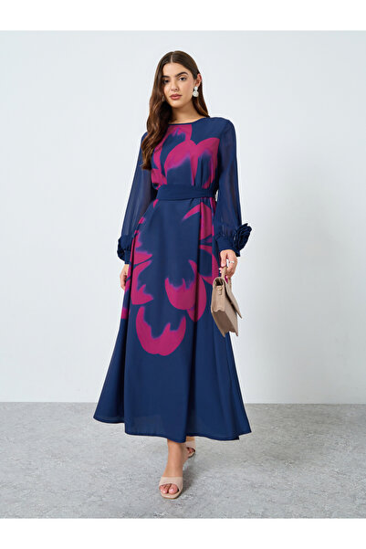 Take Two By Styli Floral Printed Round Neck Belted Maxi Dress