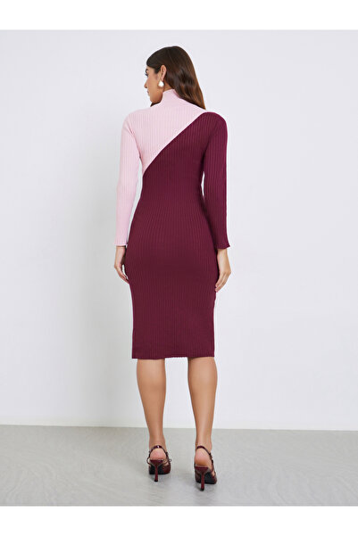 Styli Burgundy Color Block Sweater Midi Dress