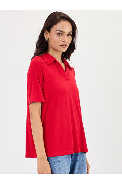 Femmella By Styli Red Short Sleeve Knit Polo T-Shirt