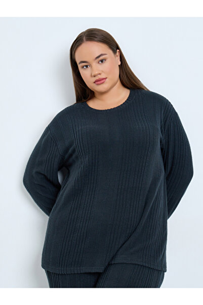 Styli Plus Size Navy Rib Knit T-Shirt and Pyjama Set