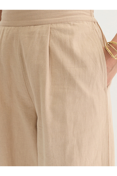 Femmella By Styli Beige Cotton Linen Straight Fit Pants