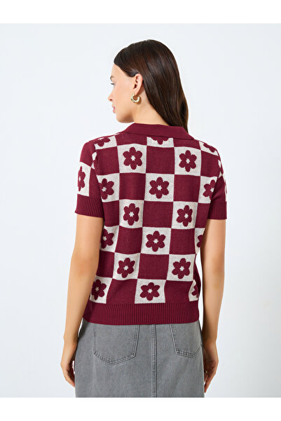 Styli Red Floral Knit Relaxed Fit Polo T-Shirt