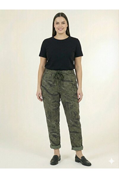 della moor Women's Khaki Italian Feather Patterned L Stretch Fabric Elastic Waist Narrow Leg Trousers Size 40 - 48