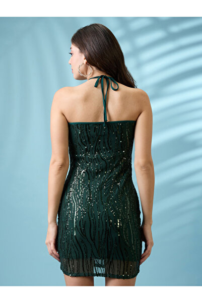 Globus By Styli Green Halter Neck Sequined Bodycon Mini Dress