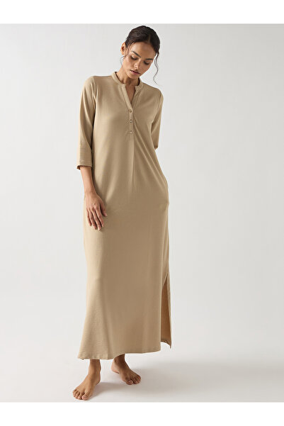Styli Beige Cotton Knit Maxi Dress with 3/4 Sleeves