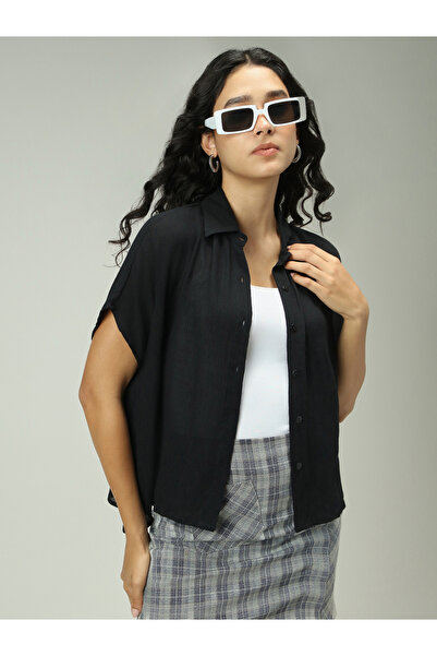 Outzidr By Styli Black Solid Flowy Shirt