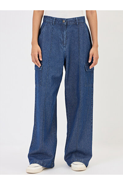 Femmella By Styli Navy Denim Wide Leg Cargo Trousers