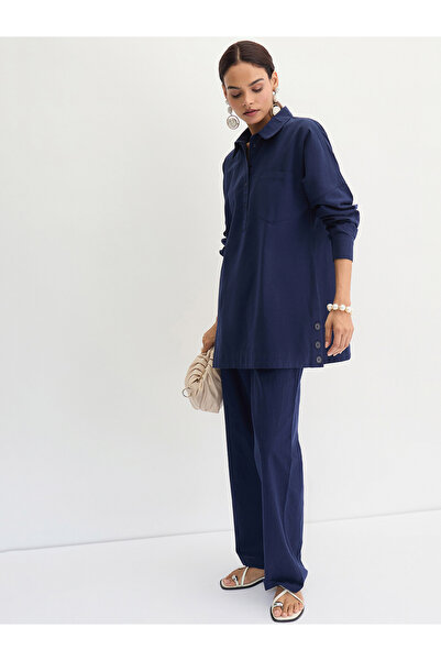 Femmella By Styli Navy Blue Cotton Linen Straight Pants