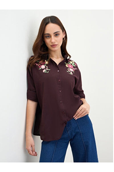 Styli Embroidered Yoke Oversized Shirt with Roll-Up Sleeves
