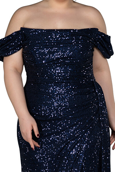 Arden Plus Size Evening Dress, Sequin Sequin Boat Neck, Wedding with Slit, Engagement Junior Evening Dress, Graduation Dress, 42-50