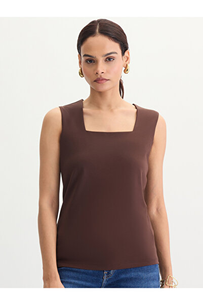 Femmella By Styli Coffee Brown Square Neck Sleeveless Top