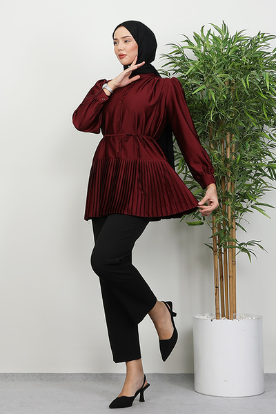 Lamia Giyim Altı Piliseli Gömlek Bordo