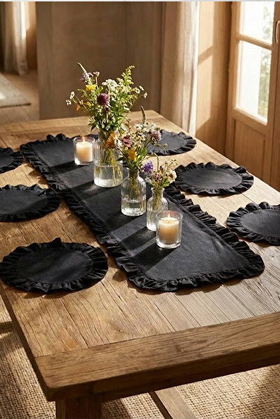 HOME ART ATELIER hand made Siyah Fırfırlı Runner ve Supla Takımı - Masa Örtüs...