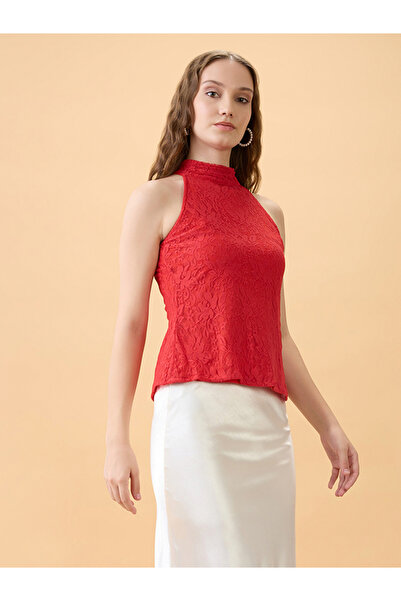 Globus By Styli Women Red Floral Lace Sleeveless Top