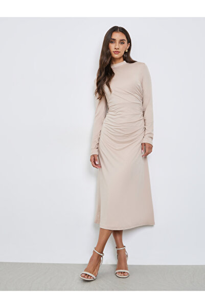 Styli Beige Long Sleeve Gathered Midi Dress