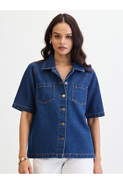 Femmella By Styli Navy Blue Denim Short Sleeves Shirt