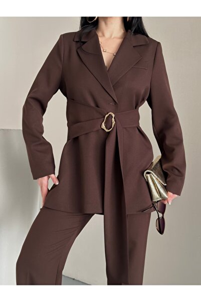 MYGİYİMİSTANBUL Blazer Jacket Wide Leg Pants Set with a Wide Fabric Belt Tied at the Waist