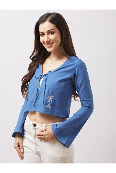 Globus By Styli Women Blue Tie-Up Neck Embroidered Detail Crop Top