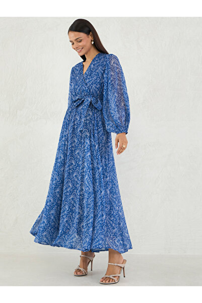 Styli Blue Paisley Print Wrap Maxi Dress