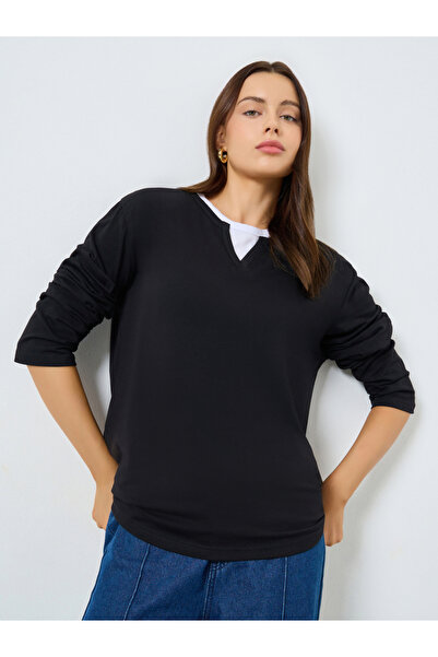 Styli Black Oversized Knit Contrast Neckline T-Shirt