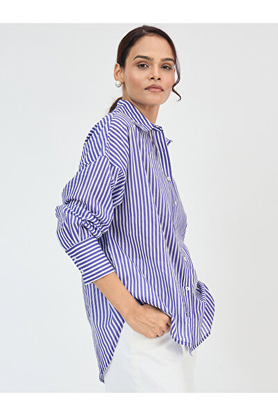 Femmella By Styli Purple Cotton Stripe Oversized Shirt