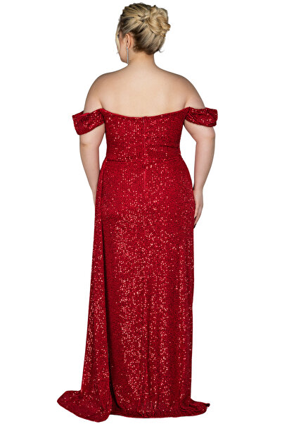 Arden Plus Size Evening Dress, Sequin Sequin Boat Neck, Wedding with Slit, Engagement Junior Evening Dress, Graduation Dress, 42-50
