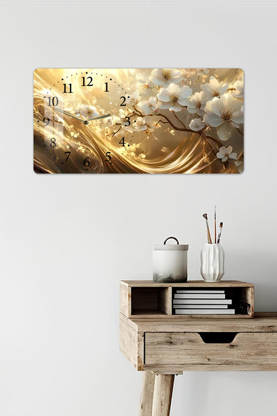 kutuTR 3D Görünümlü 2D UV Baskı Yatay Temperli Cam Saat Tablo –Altın Işıltılı Çiçek Deseni 60x30 cm -YSL012