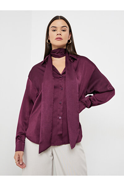 Styli Burgundy Satin Shirt with Neck Scarf
