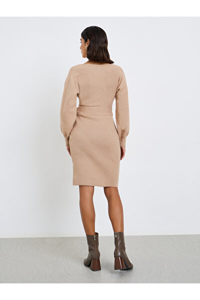 Styli Beige Sweater Knit Mini Dress with Tie Belt