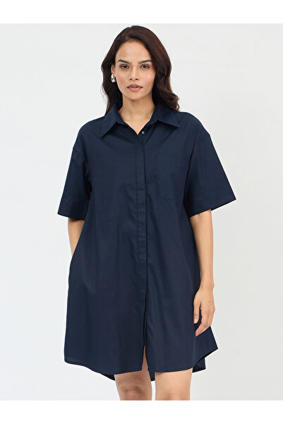 Styli Navy Blue Cotton Mini Shirt Dress