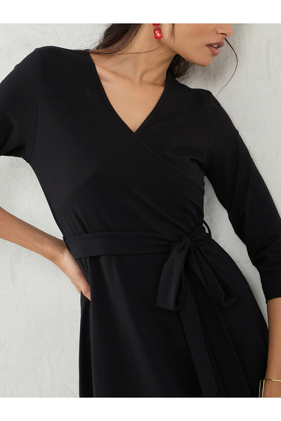Styli Black Knit Wrap Midi Dress