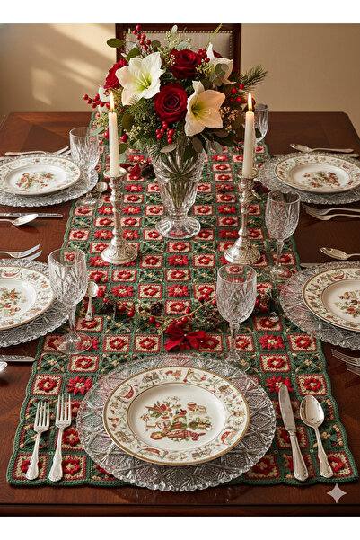 Lilies Atelier Yılbaşı Çiçeği ve Süsleri Desen Yeşil Tığ İşi Görünümlü 3D Mik...