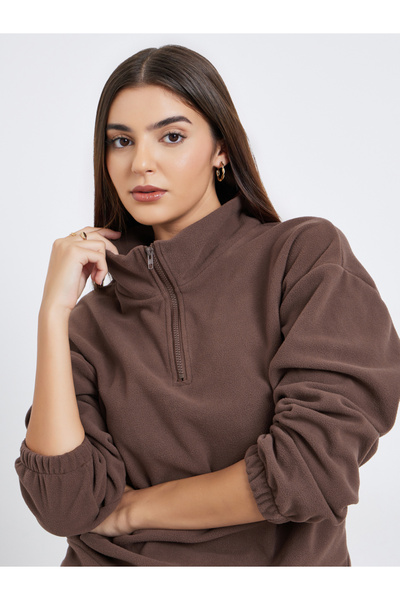 Styli Women Brown Solid Fleece Half-Zip Front Sweatshirt