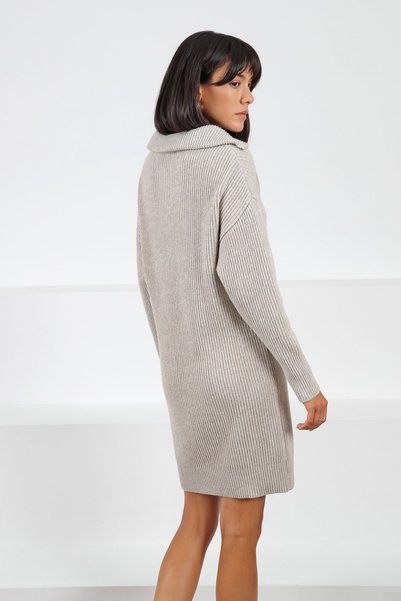 Ferraro A.Beige Long Sleeve Cashmere Zipper Detailed Wide Collar Women's Knitwear Dress