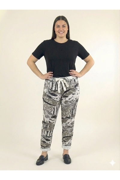 della moor Γυναικείο λευκό παντελόνι με ιταλικό σχέδιο με φτερά L ελαστικό ύφασμα με ελαστική μέση και στενό πόδι, μέγεθος 40 - 48