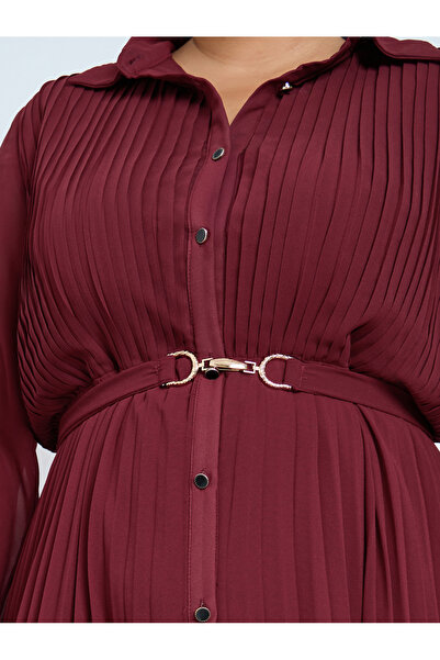 Styli Plus Size Burgundy Pleated Collared Maxi Dress