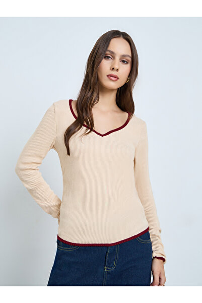 Take Two By Styli Women Beige Long Sleeve Ribbed Top