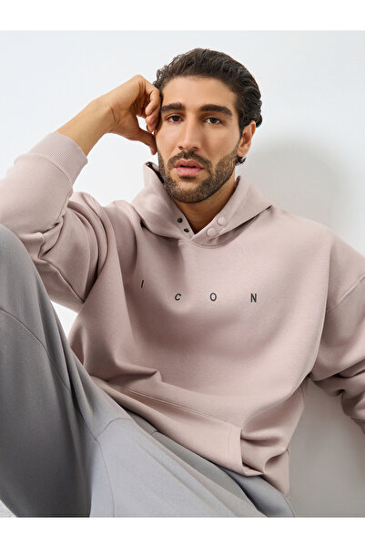 Styli Men Pink Oversized Text Print Fleece Hoodie