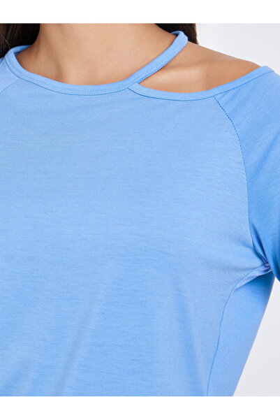 Styli Blue Long Sleeve Cutout Shoulder T-Shirt